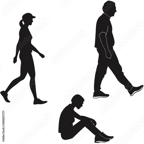 Silhouettes of people walking and sitting male