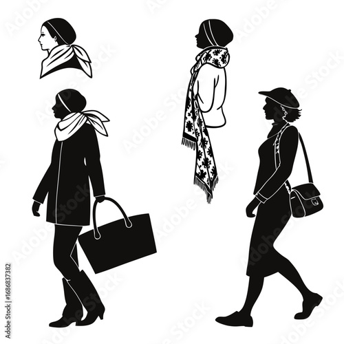Silhouettes of women with scarves and bags fashion accessories