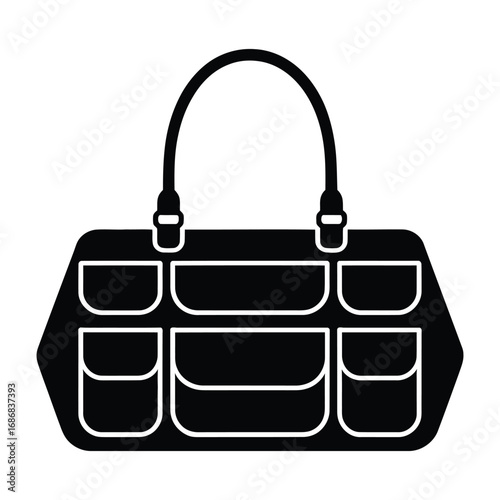 Large capacity multi-pocket handbag Silhouette, Vector, Illustration, Outline, Line Art, Icon, White Background.