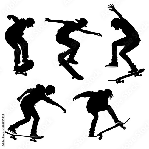 Six black silhouettes of skateboarders performing tricks skateboarding action