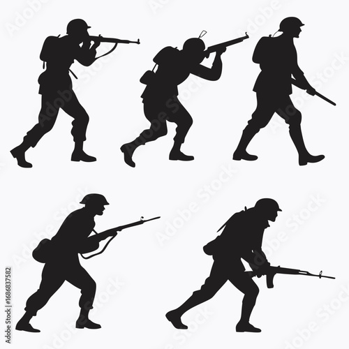 Six black silhouettes of soldiers with rifles military