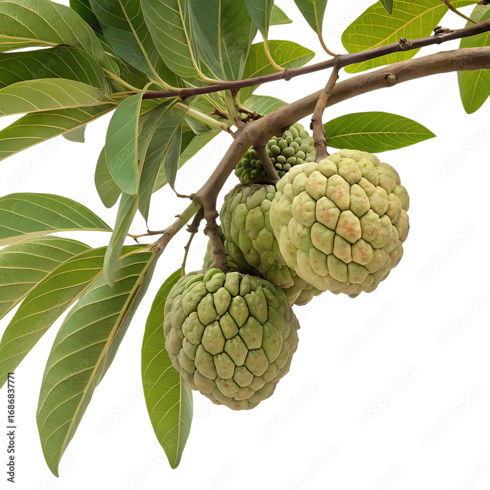 Fototapeta premium Custard apple fruits growing on a tree branch with leaves, isolated on transparent background