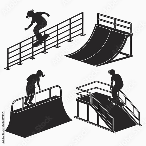 Skateboarding silhouettes on ramps and rails skatepark