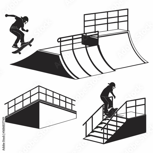 Skateboarding silhouettes performing tricks on ramps and rails skatepark