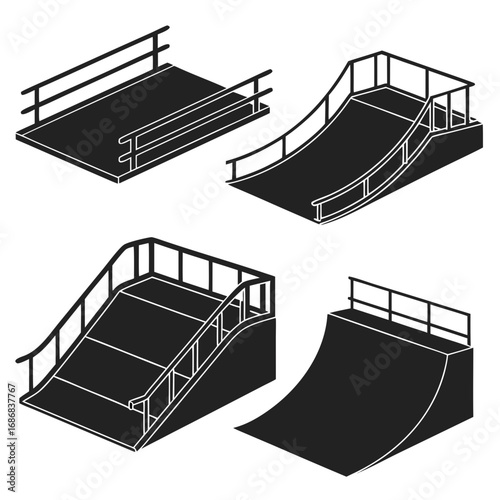 Skatepark ramps and rails black silhouettes obstacles skateboarding