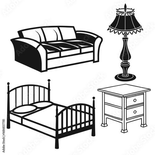 Sofa bed lamp nightstand furniture silhouettes vector