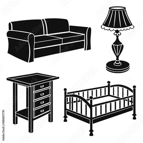 Sofa lamp nightstand crib silhouettes black and white furniture