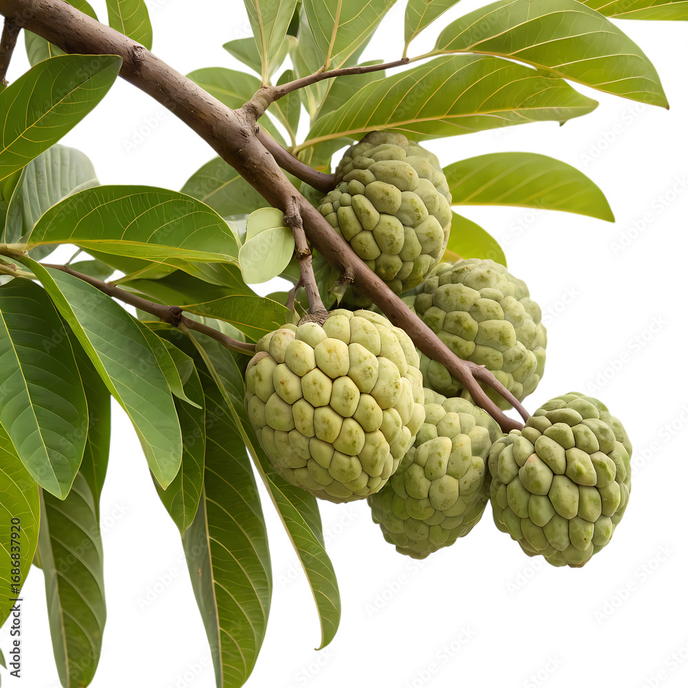 Fototapeta premium Sugar apple fruit on a branch isolated on transparent background