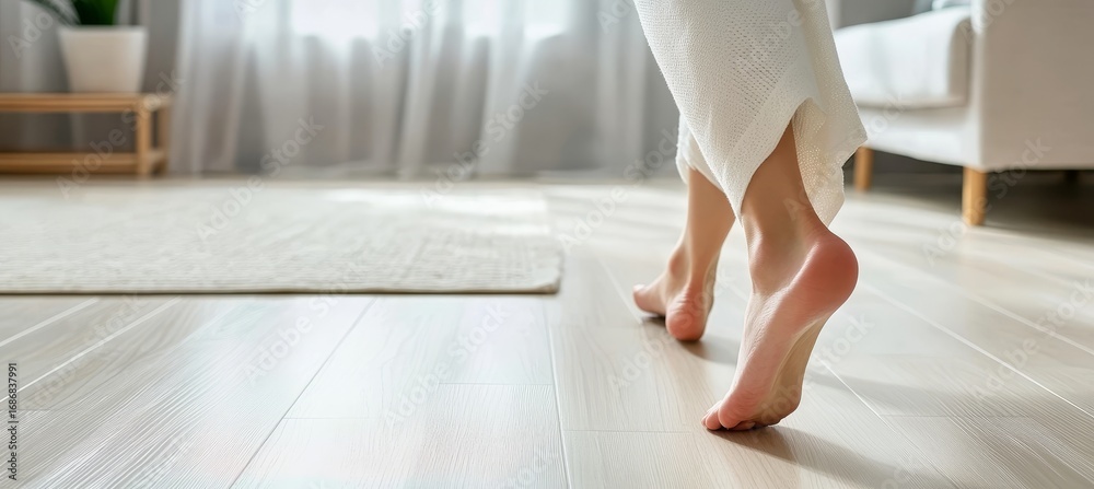 Fototapeta premium Relaxed barefoot woman steps onto a bright wooden floor in a serene minimalist living space.