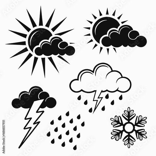 Sun cloud rain lightning snowflake icons vector