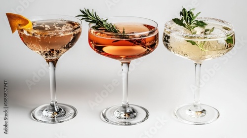 Three elegant cocktails with garnishes in crystal glasses