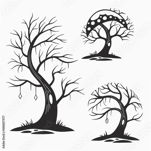 Surreal black abstract trees with unique designs branches cutout