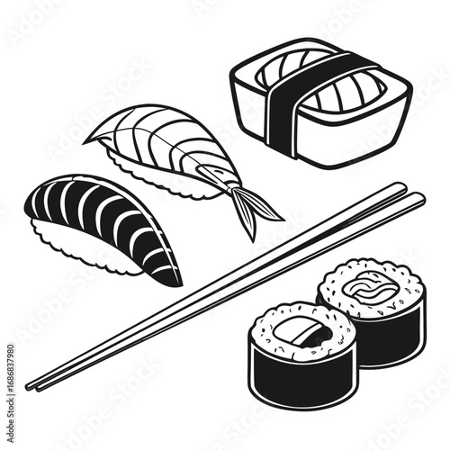 Sushi food shapes with chopsticks silhouettes