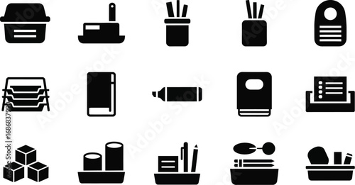 Collection of clean black and white office supply icons for organization and productivity