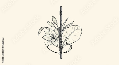 Elegant line drawing of a classical flute with botanical flowers and leaves.