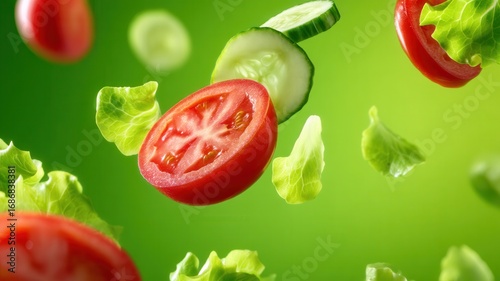 Fresh vegetable slices tomatoes, cucumbers, lettuce suspended midair against bright green background, depicting dynamic culinary movement and vibrant healthy concept eating