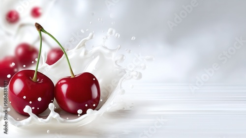 Ripe red cherries plunging into swirling white milk, generating dynamic splash with vivid color contrast and smooth liquid movement