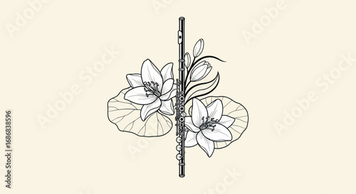 Hand drawn illustration of a flute and water lily composition.