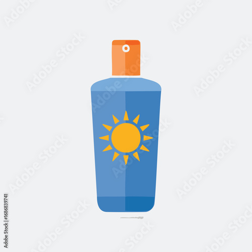 Blue bottle with orange cap and sun graphic sunscreen sun protection