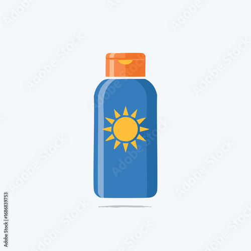 Blue bottle with orange cap and sun graphic sunscreen lotion
