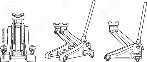 Set of three hydraulic car jack illustrations from different angles
