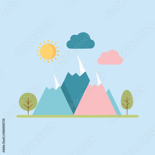Pastel mountains sun clouds trees vector
