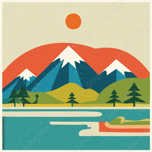 Stylized mountain landscape with water and trees mountains snow capped