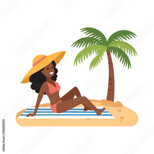 Woman in bikini and hat on beach with palm tree vector