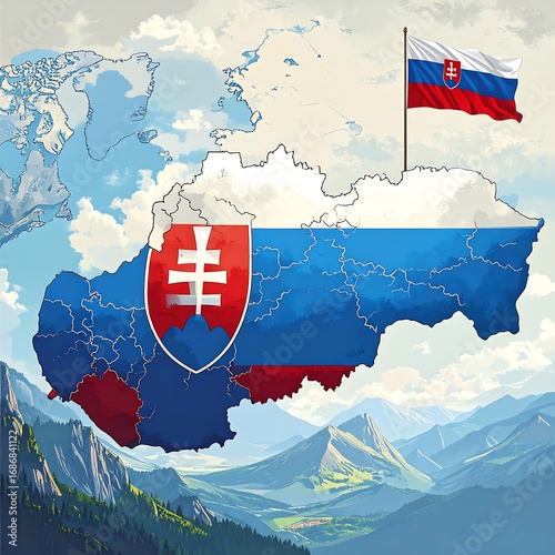 Slovakia map with flag and mountains