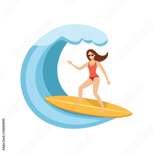 Woman surfing on yellow board in blue wave surfboard ocean