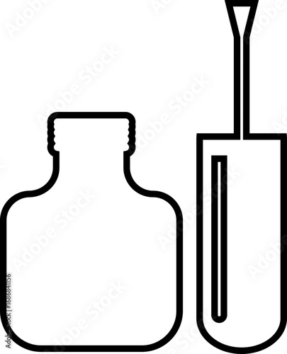 Nail polish bottle and brush icon black line and solid silhouette style, beauty cosmetics container group, manicure equipment collection, minimal vector illustration design