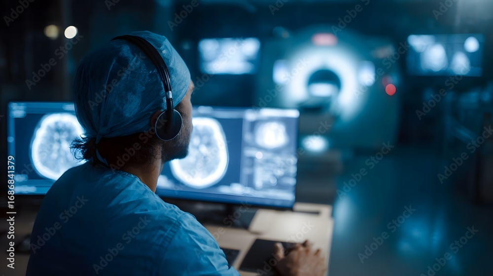 A medical professional in headphones reviews brain scans on monitors in a modern diagnostic imaging control room A medical professional in headphones reviews brain scans on monitors in a modern diagnostic imaging control room