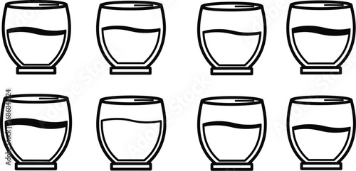 Eight glasses filled with different levels of clear liquid, set against a white background.