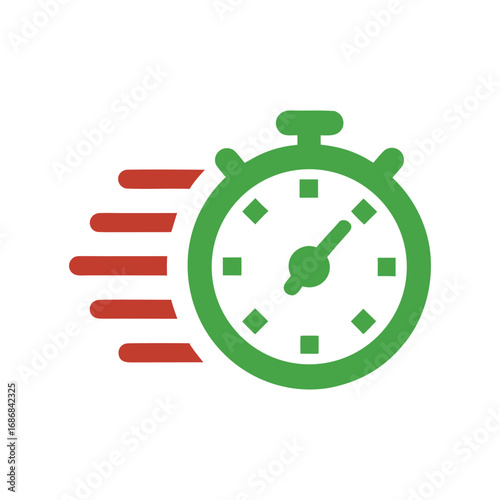 Green stopwatch icon with red motion lines on white background time speed