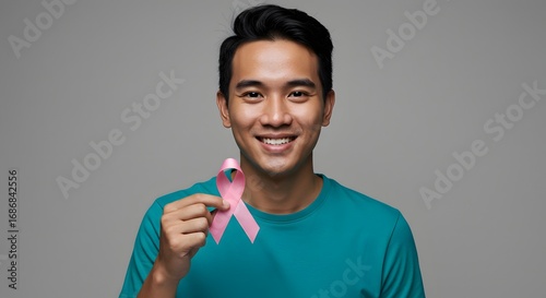 Smiling Asian Man Holding Pink Ribbon for Breast Cancer Awareness