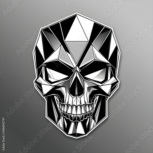 Faceted geometric crystal skull with angular facets and reflective gem-like look, futuristic 3D art on plain background, bold fashion design for apparel prints