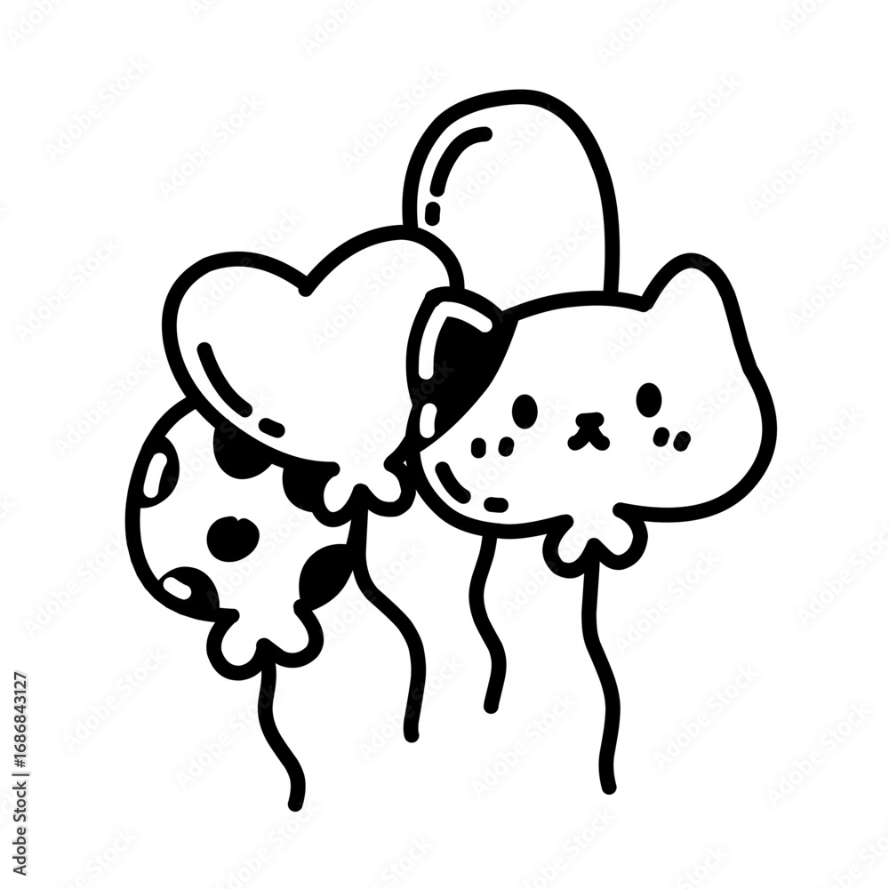 Fototapeta premium Fun doodle style black and white balloons with shapes like heart, polka dot, and cat face, perfect for party, birthday, and celebration designs. Minimalist balloon icon line art outline illustration.