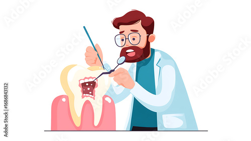 Dentist Man Examining Tooth with Dental Tools in Dental Clinic