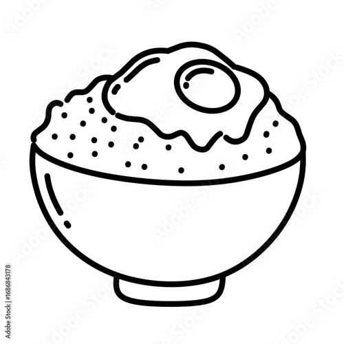 Simple black and white illustration of a rice bowl topped with fried egg, ideal for Asian food design, meal icons, and culinary themed artwork. Minimalist food icon line art outline illustration.