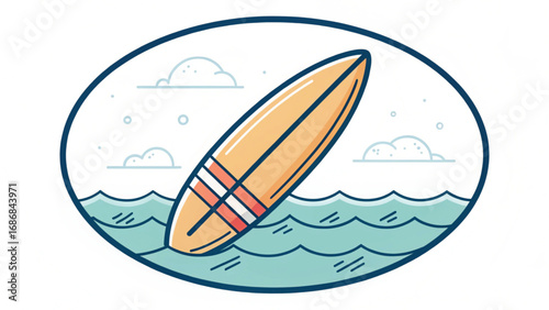 Orange surfboard floating in wavy ocean with clouds