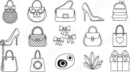 Chic collection of fashion accessories and decorative elements, hand-drawn style
