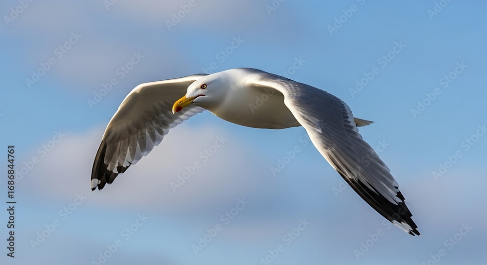 Obraz premium Seagull in Flight with Blue Sky.
