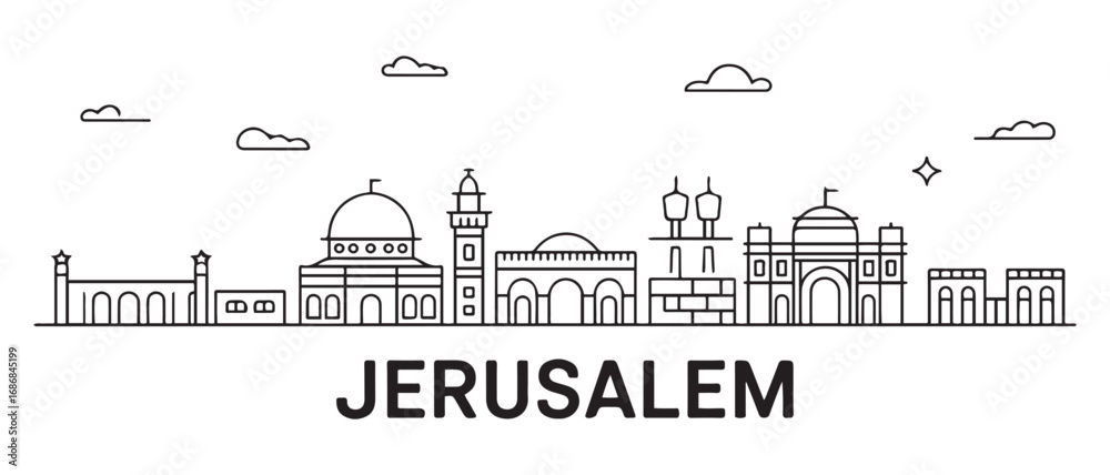Obraz premium Jerusalem Line Art skyline. Travel Jerusalem famous landmarks. Business and tourism concept for presentation, banner, web site. with white background