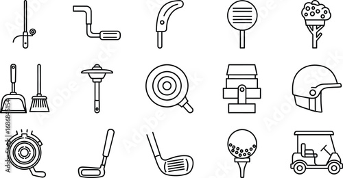 Collection of clean line art icons representing golf equipment and accessories