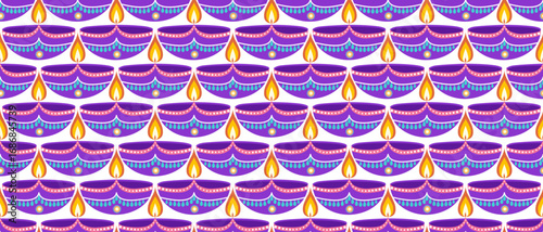 Indian festival Diwali seamless pattern featuring diyas in flat style. Deepavali vector illustration on black background for social media, banners, cards