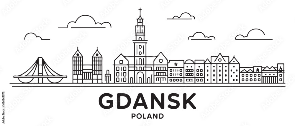 Obraz premium Gdansk Line Art skyline horizontal banner. Black Gdansk, Poland. Vector template for your design. with white background