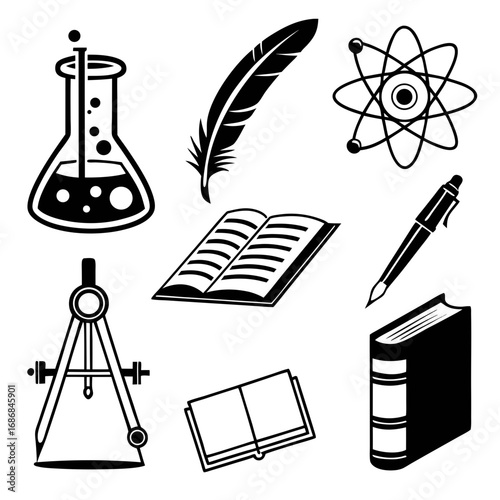 Academic subject icons flask feather atom open book pen compass vector