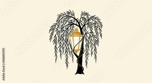 Elegant weeping willow tree silhouette with a golden birdcage.