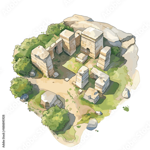 Ggantija Temples. Ggantija Temples watercolor vector illustration