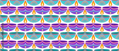 Festive Diwali seamless pattern with diyas in flat style. Deepavali vector illustration for digital and print use